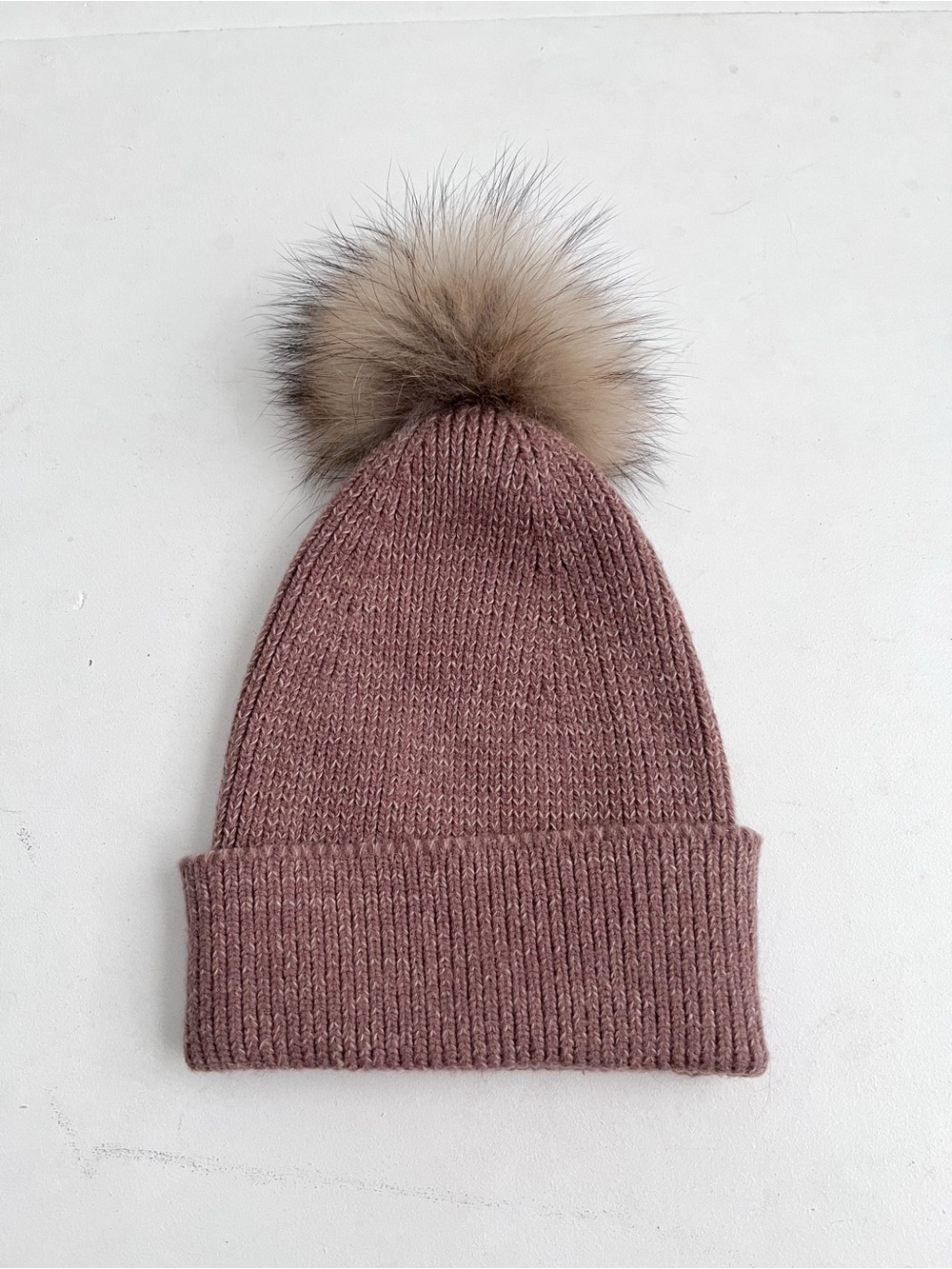 GIGI PIP Ribbed Knit Beanie with Faux Fur Pom - Brown
